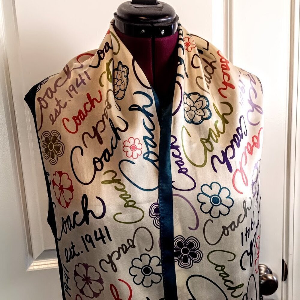 Coach Teal Border Signature Print Silk Oblong Scarf - Picture 4 of 7